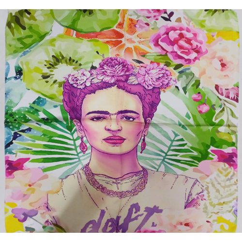 70x70 cm-es narancssárga-zöld festményes selyem sál, kendő - Frida Kahlo - ÚJ