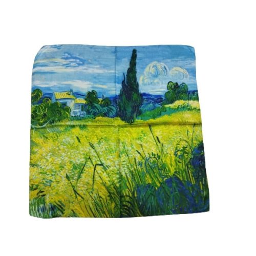 70x70 cm-es festményes selyem sál, kendő, vidéki táj - ÚJ