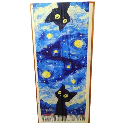 Nagyméretű színes kétoldalú festményes sál, kendő - Van Gogh: Csillagos éj cicával - ÚJ