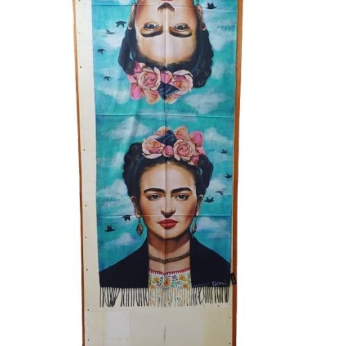 Nagyméretű türkiz kétoldalú festményes sál, kendő - Frida Kahlo - ÚJ