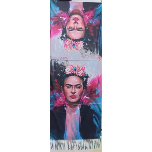 Nagyméretű színes mintás kétoldalú festményes sál, kendő, stóla, kék - Frida Kahlo - ÚJ