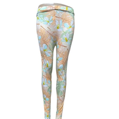 Női S-L-es barackszínű-zöld virágos leggings - ÚJ