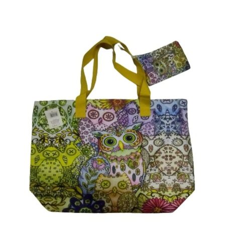 Színes baglyos vászon füles táska, strandtáska pénztárcával (textil szütyővel) - ÚJ 
