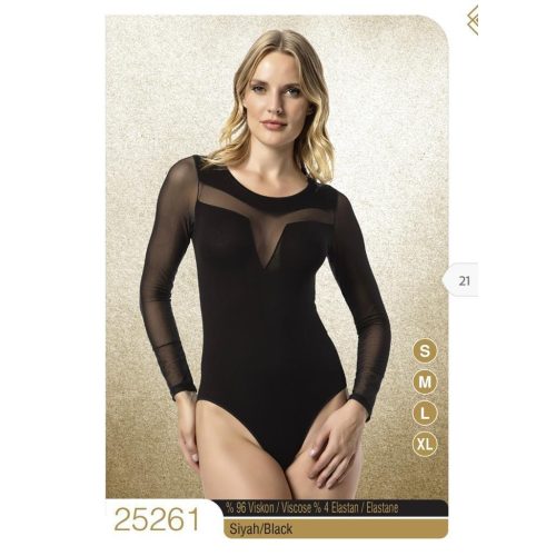 Női fekete, felül tüllbetétes hosszú ujjú body - Mr. Serdo - ÚJ