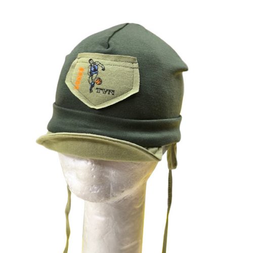 50-52 cm-es fejre khaki focis füles-kötős pamut sapka - ÚJ