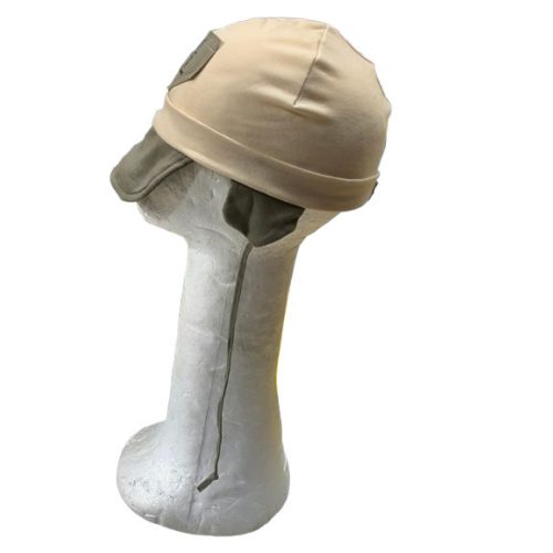 50-52 cm-es fejre drapp-khaki füles-kötős pamut sapka - ÚJ