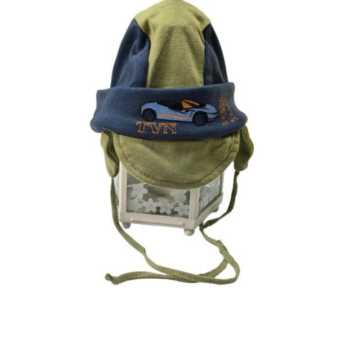 42-44 cm-es fejre kék-khaki füles-kötős pamut sapka - ÚJ