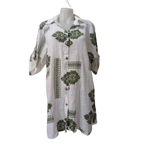 Unisex fehér alapon khaki mintás géz anyagú hosszított blúz vagy ing - Italy Moda - ÚJ