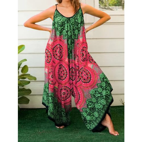 Női 1XL-es zöld-pink bohém mintás nyári overall, playsuit - ÚJ
