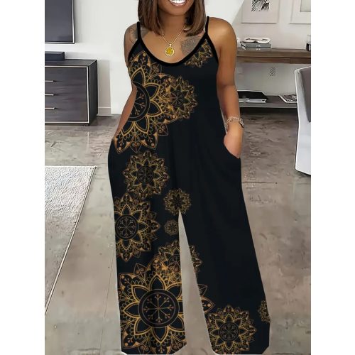 Női 1XL-es fekete mandalamintás pántos nyári overall, playsuit - ÚJ