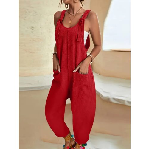 Női S-es piros kantáros nyári overall, playsuit - ÚJ