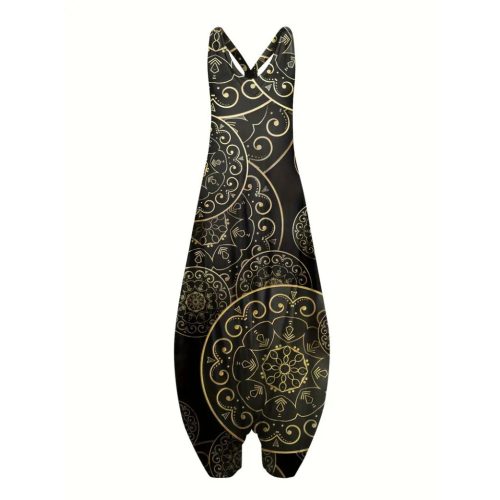 Női XL-es fekete-arany mandalamintás hárem nyári overall, playsuit - ÚJ