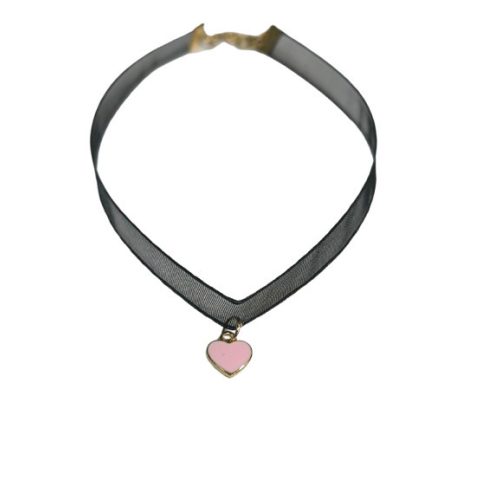 Fekete szetén nyaklánc kis rózsaszín szívvel, choker nyaklánc - ÚJ