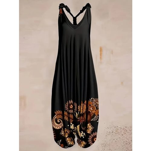 Női XXL-es fekete virágos hárem nyári overall, playsuit - ÚJ