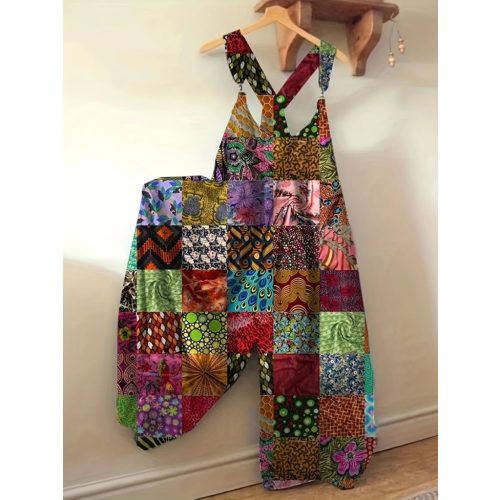 Női 2XL-es nagyméretű bohém mintás színes nyári overall, playsuit - ÚJ